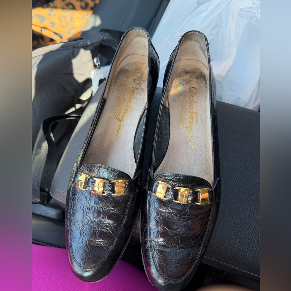 Salvatore Ferragamo Black Croc-Embossed Loafers with Gold Accent